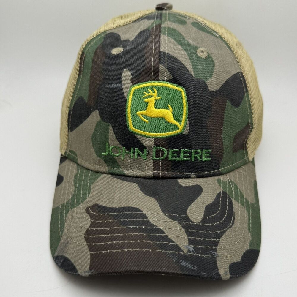 John Deere Camo Trucker Hat Cap Khaki Mesh Snapback Tractor Farm Logo Patch
